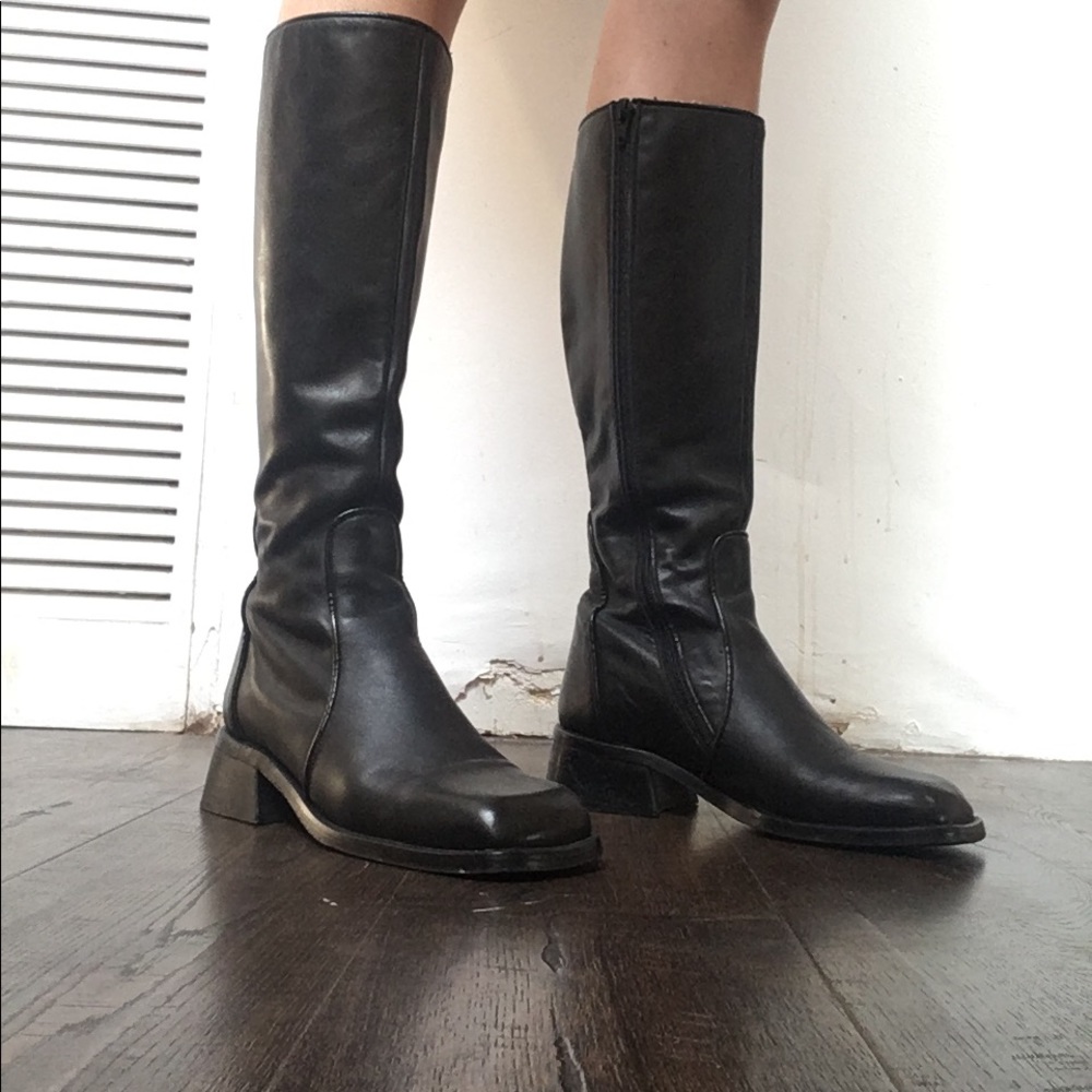 Black square toe knee high boots